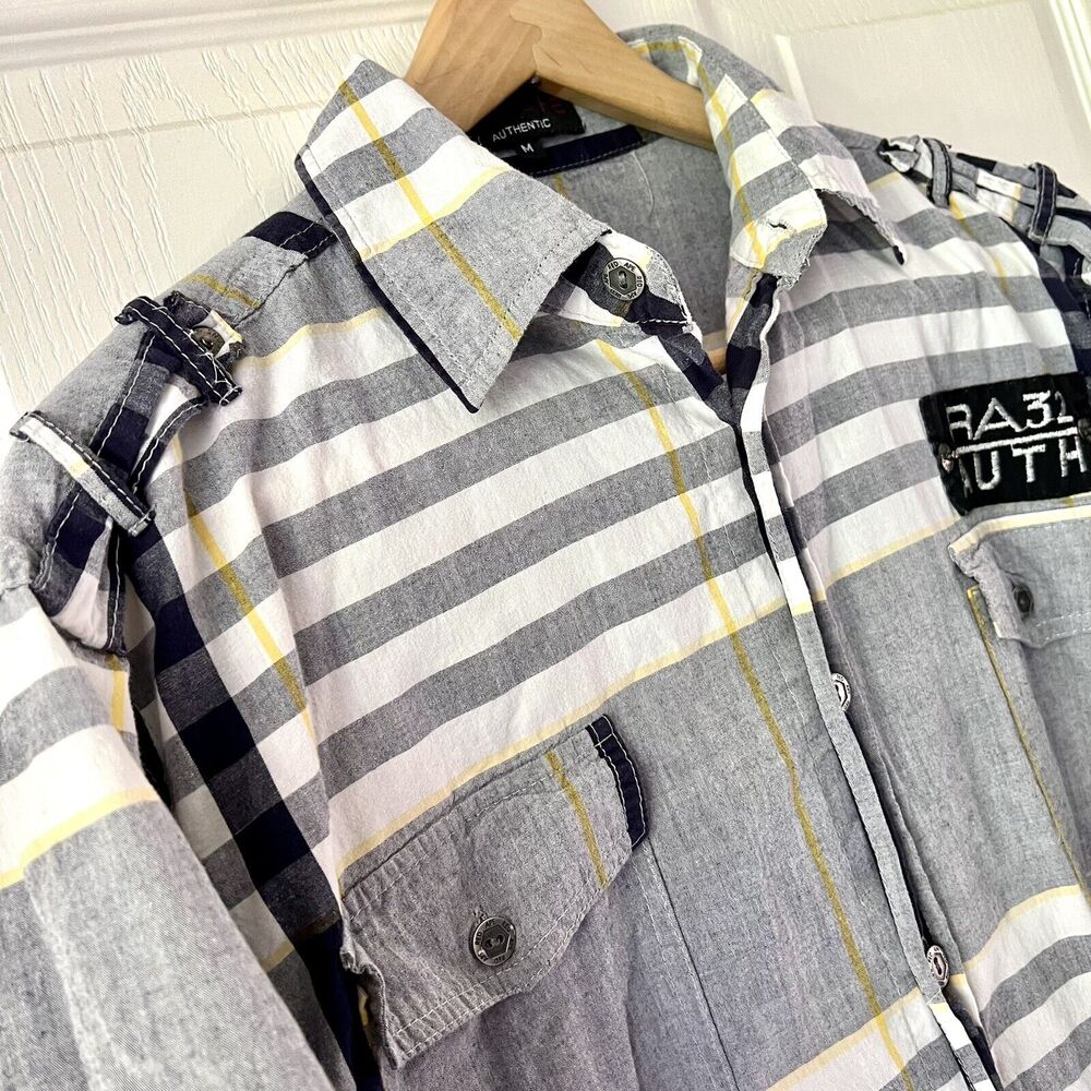 Y2K Red Ape Shirt Mens Medium Short Sleeve Button Up Blue Plaid Logo Urban Wear - Picture 7 of 13